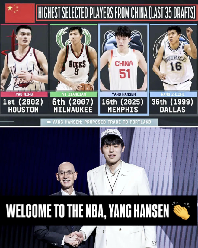 杨瀚森成为第三位在NBA选秀大会被首轮选中的中国球员！！！16顺位开拓者摘下！不