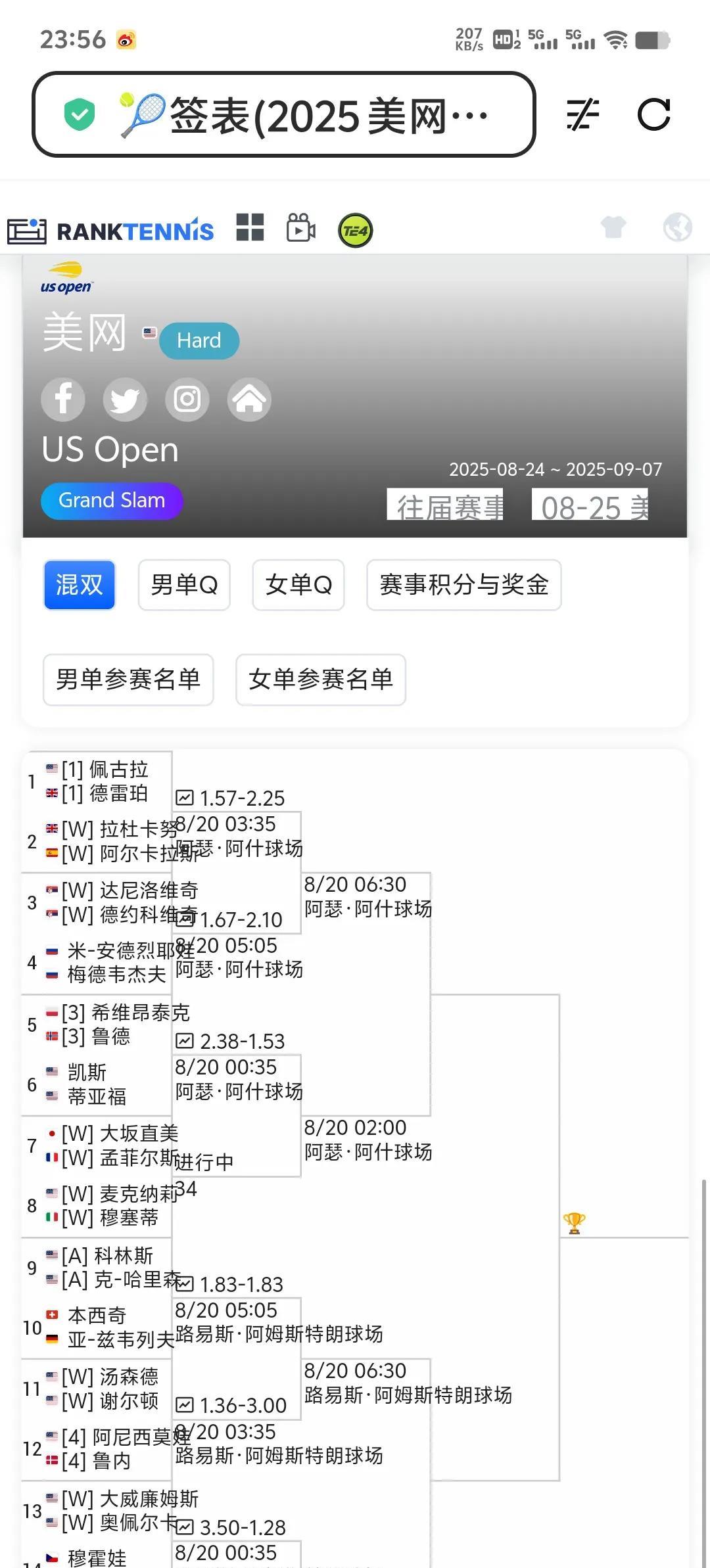 美国网球公开赛混双比赛已经开始了。这个赛制有点特别哈。盘分到四，该盘就获胜了。埃