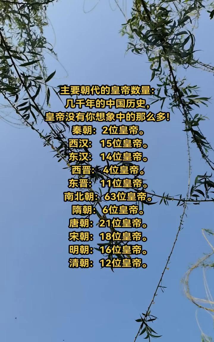 主要朝代的皇帝数量：几千年的中国历史，皇帝没有你想象中的那么多！
·秦朝：2位皇