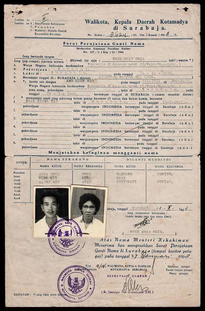 1966年印尼政府颁布127号令，要求印尼华人将中文姓名改为印尼姓名。
图1，1