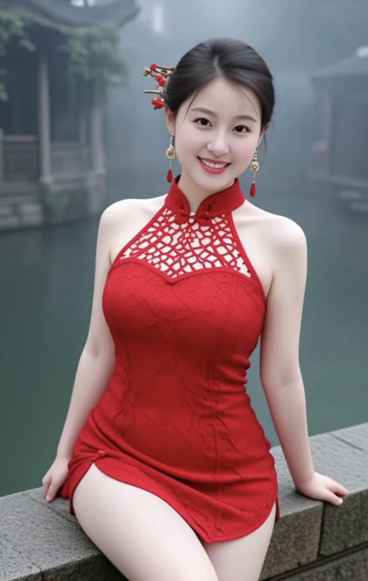 《烟雨中的红衣女》
在水墨洇染的江南
烟雨，是一首朦胧的诗
青石巷的尽头，她静静