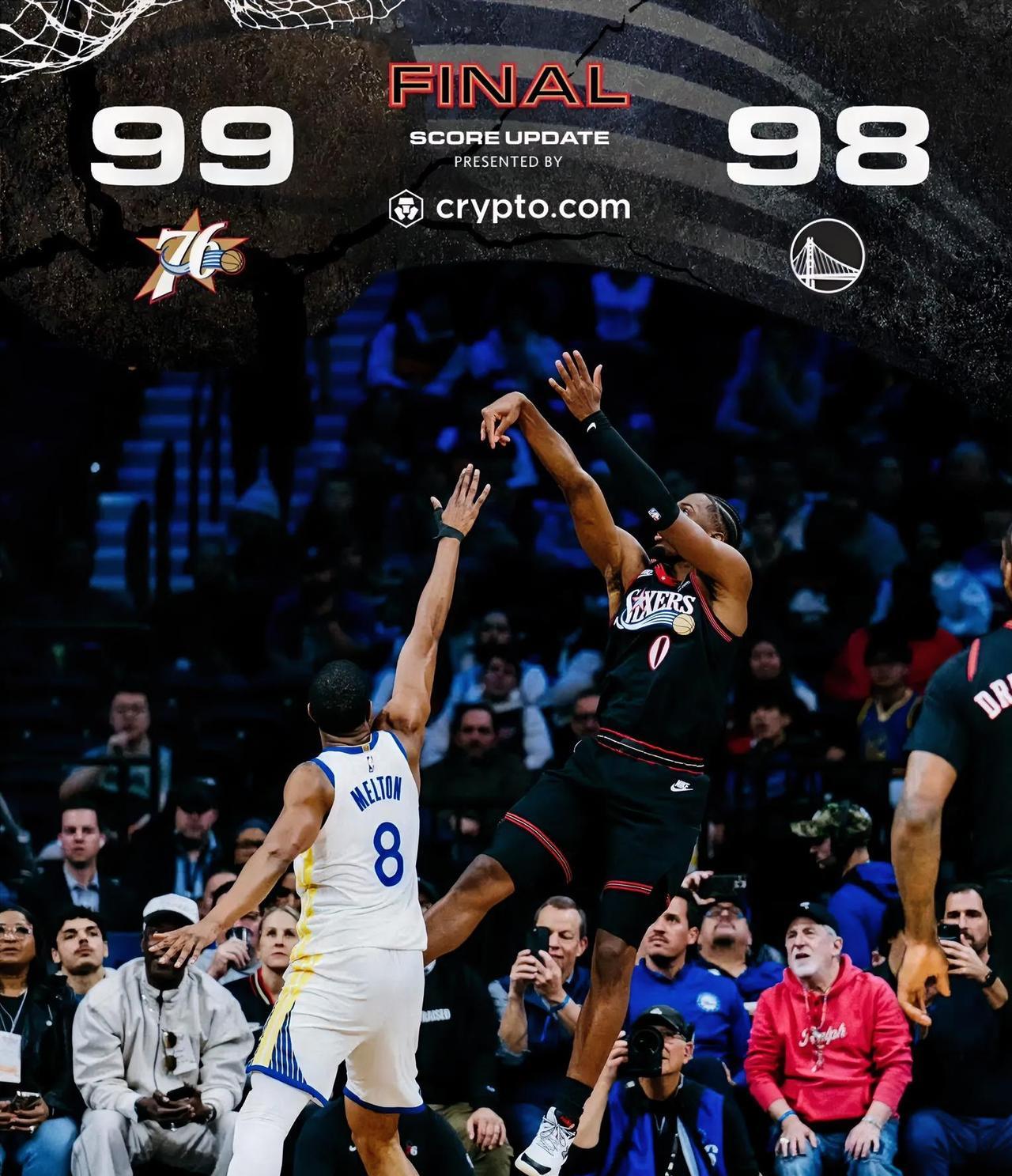 主场作战的76人上演惊险逆转，凭借VJ-埃奇库姆的补篮准绝杀，以99-98一分险