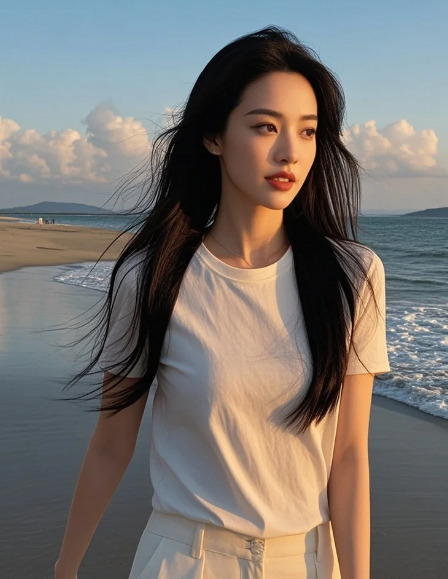 海风吹乱了她的长发，却吹不散她脸上那抹自信从容的微笑