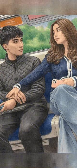 一个男孩面无表情的上了一辆地铁，他找到了一个座位，坐了下来，一只手放在另一只手上