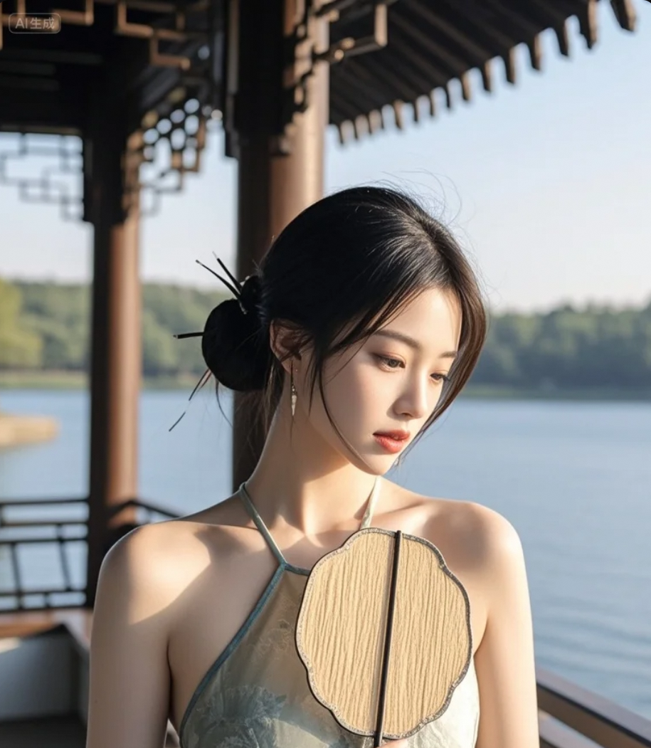 她站在湖边，像在等一句“我来了”