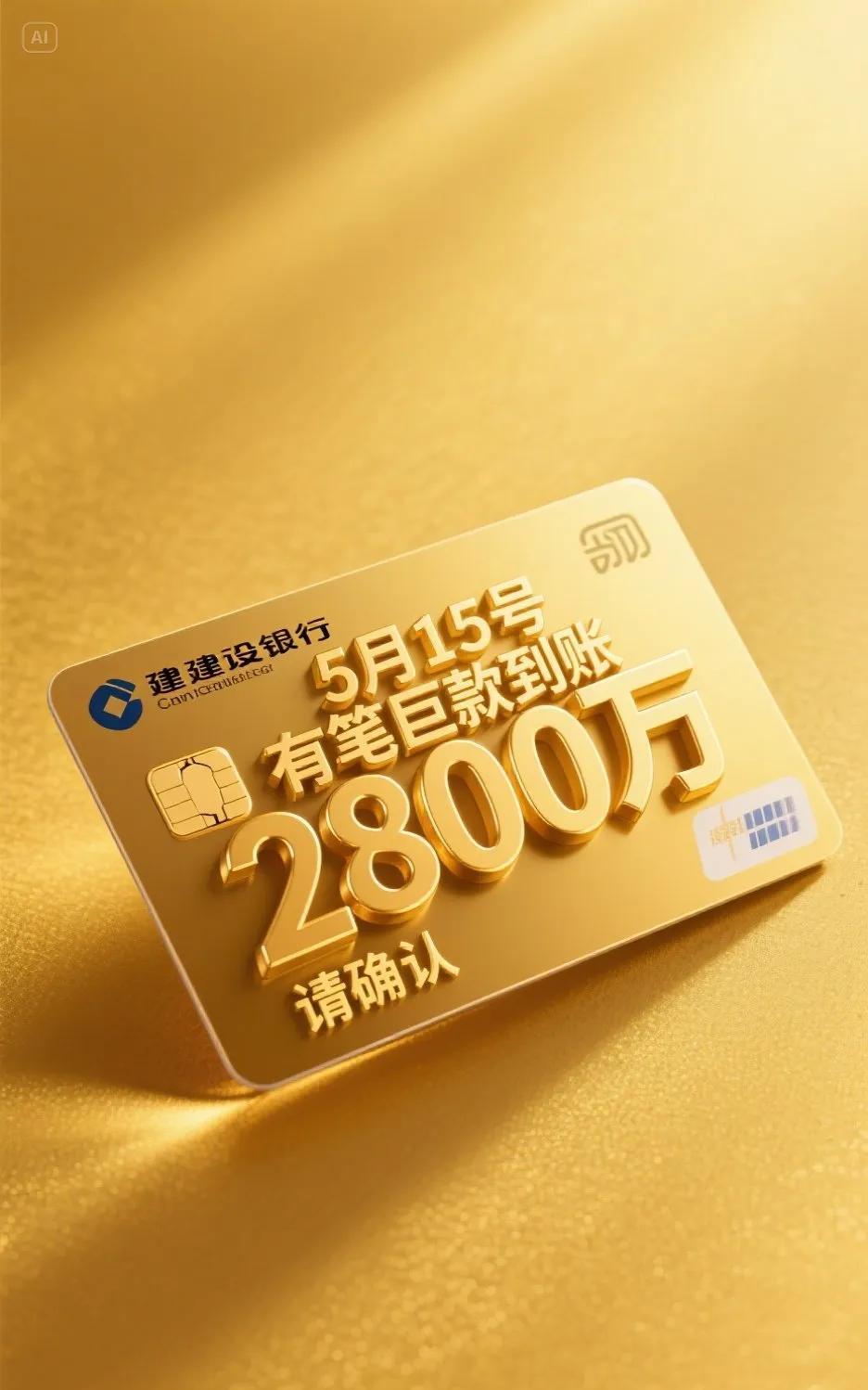 紧急通知！财富天降！
5月15日，2800万巨额款项即将汇入你的建设银行账户！
