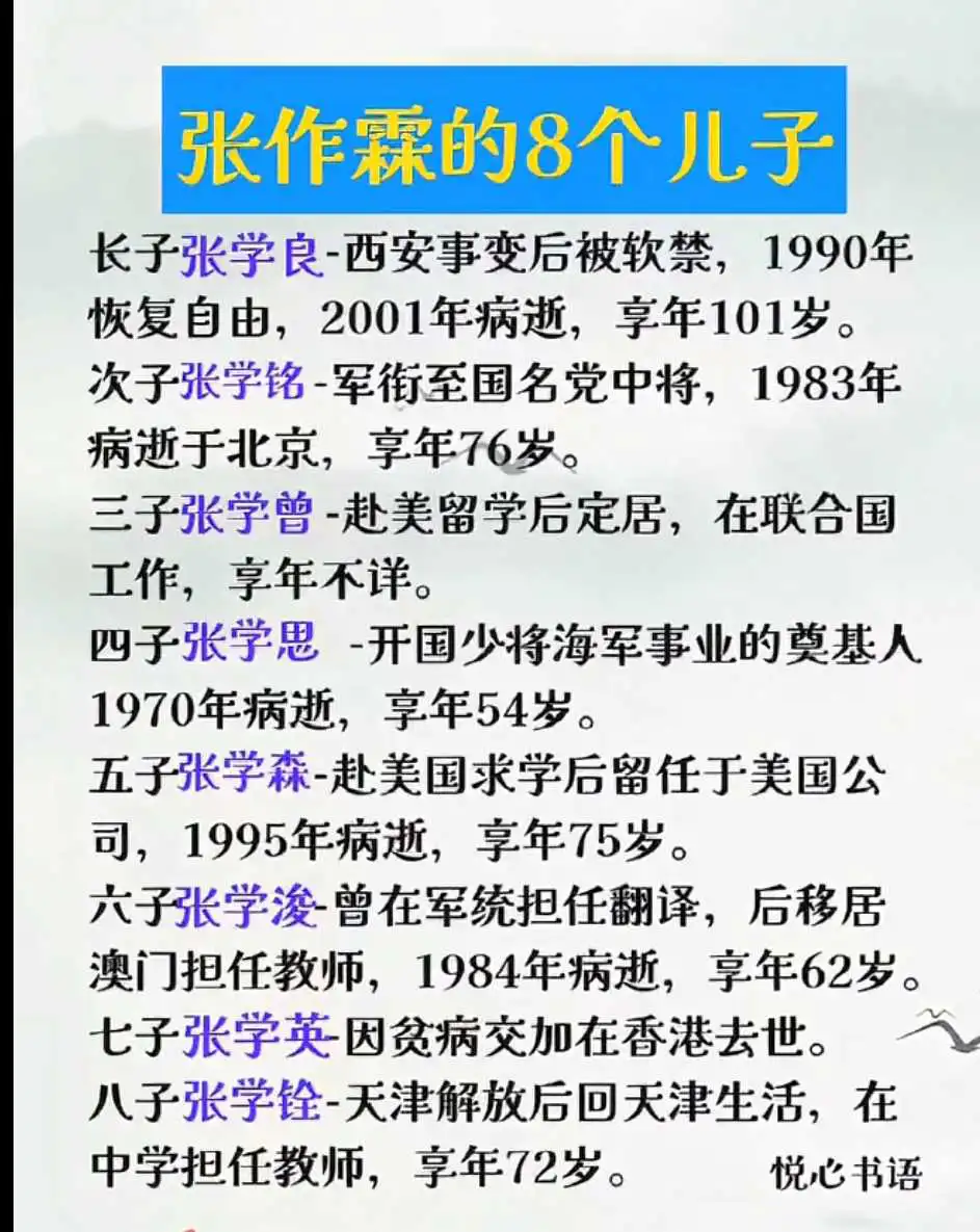 张作霖8个儿子的结局！！！
