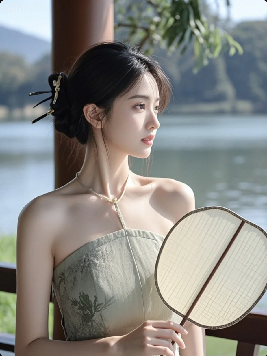 她站在湖边，像一场未醒的梦