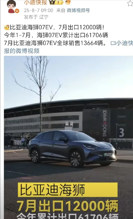 海狮07ev七月出口12000台再创历史新高。
海外定价一般比特斯拉毛豆Y贵一点