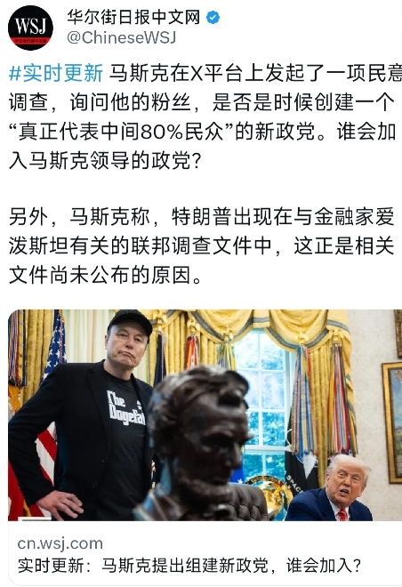 华尔街日报今天（6月6日）报道：“马斯克在X平台上发起了一项民意调查，询问他的粉