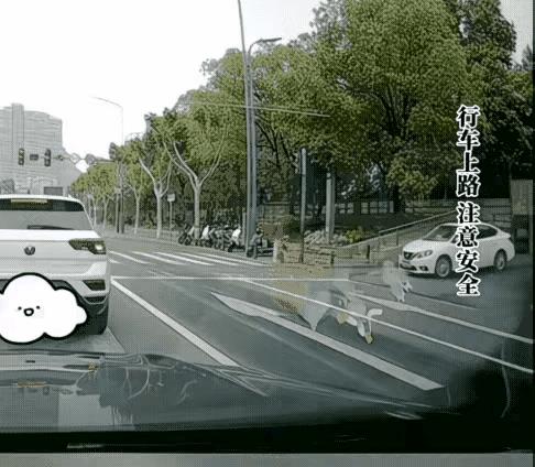 视频中，一辆正常行驶的轿车，在经过人行道时，从左面走来一个男子。男子看到车就要驶