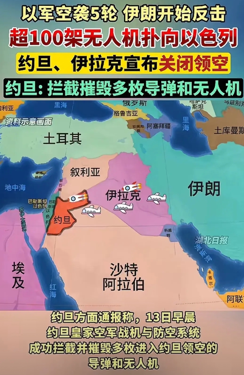 约旦拦截伊朗发射的导弹和无人机。

古代的时候，国家纷争多采用“远交近攻”，交好