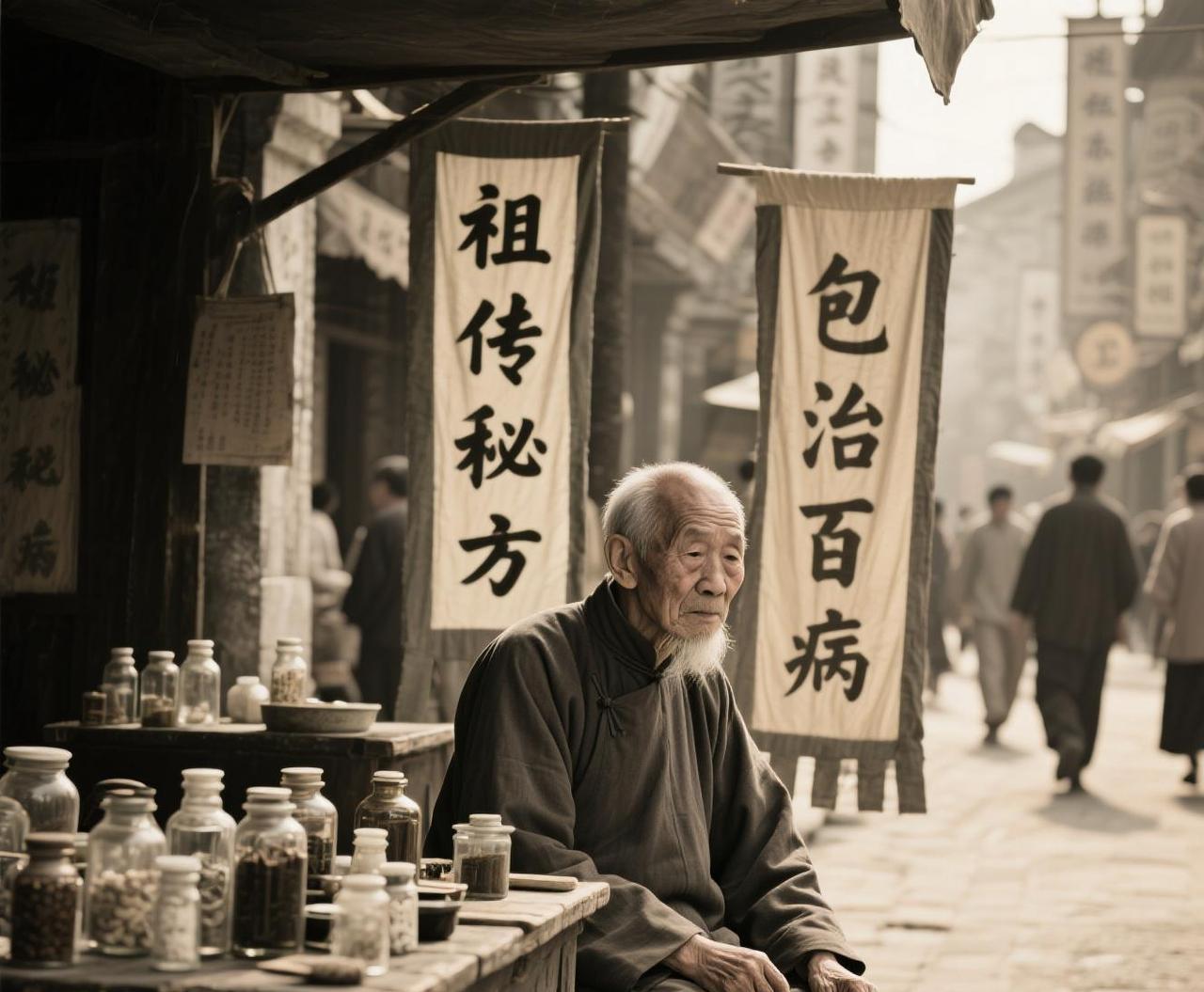 《江湖郎中的“保命符”》
街角蹲着个“神医”。破布上摆几瓶黑药水。他喊：“包治百