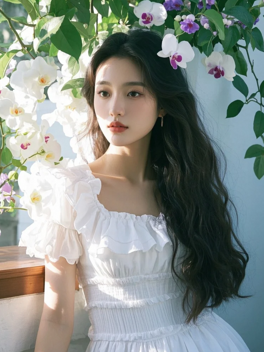 少女走过开满花的围墙，像从童话里走出的主角。