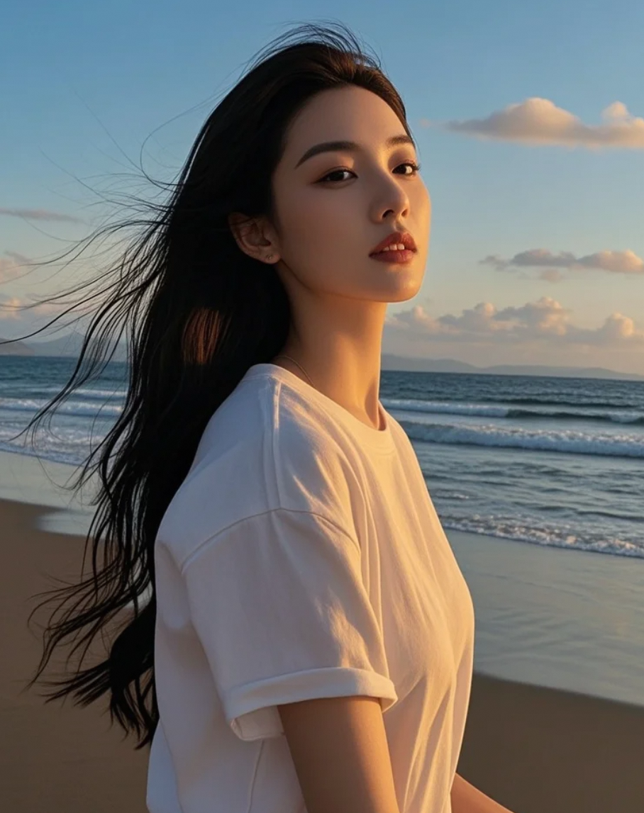 蓝天白云下，她以T恤演绎休闲时尚，每一步都散发着亲和又强大的气场