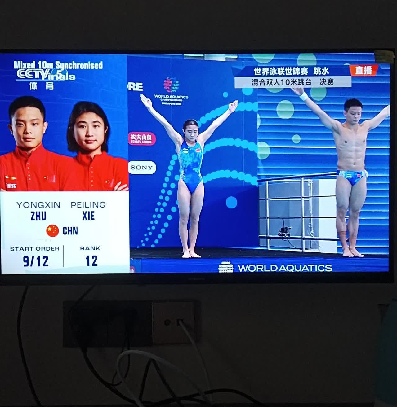 谢佩玲 /朱勇鑫以0.06分的优势，惊险夺得混合双人十米跳台冠军。
第一轮，谢