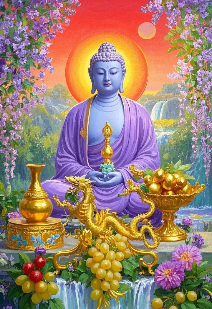 出门撞见紫衣佛，好运直往怀里落。事业一路在爬坡，财富多多不坎坷，幸福日子暖心窝。