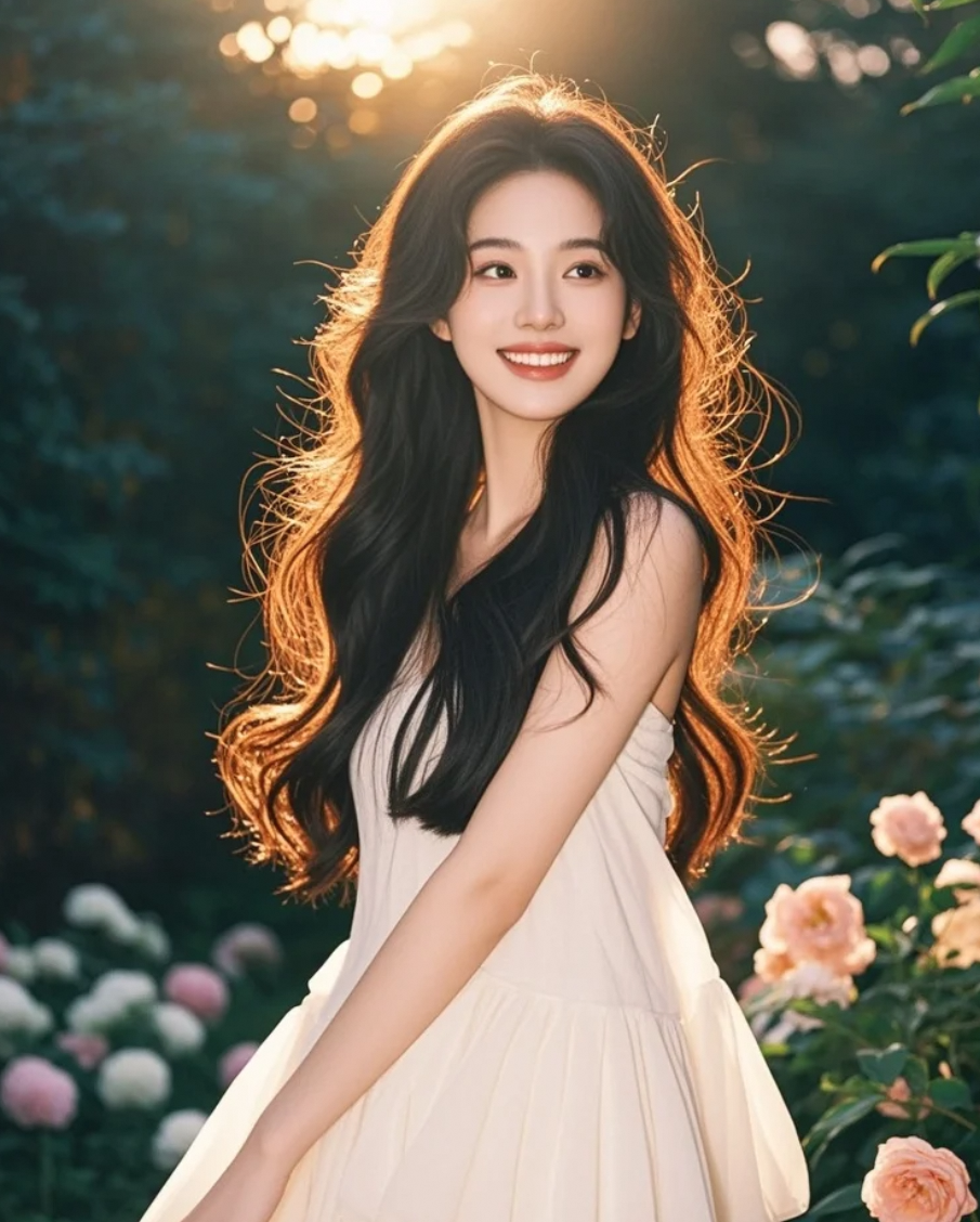 长发与晚风共谱恋曲，她温柔的笑容是其中最动人的音符