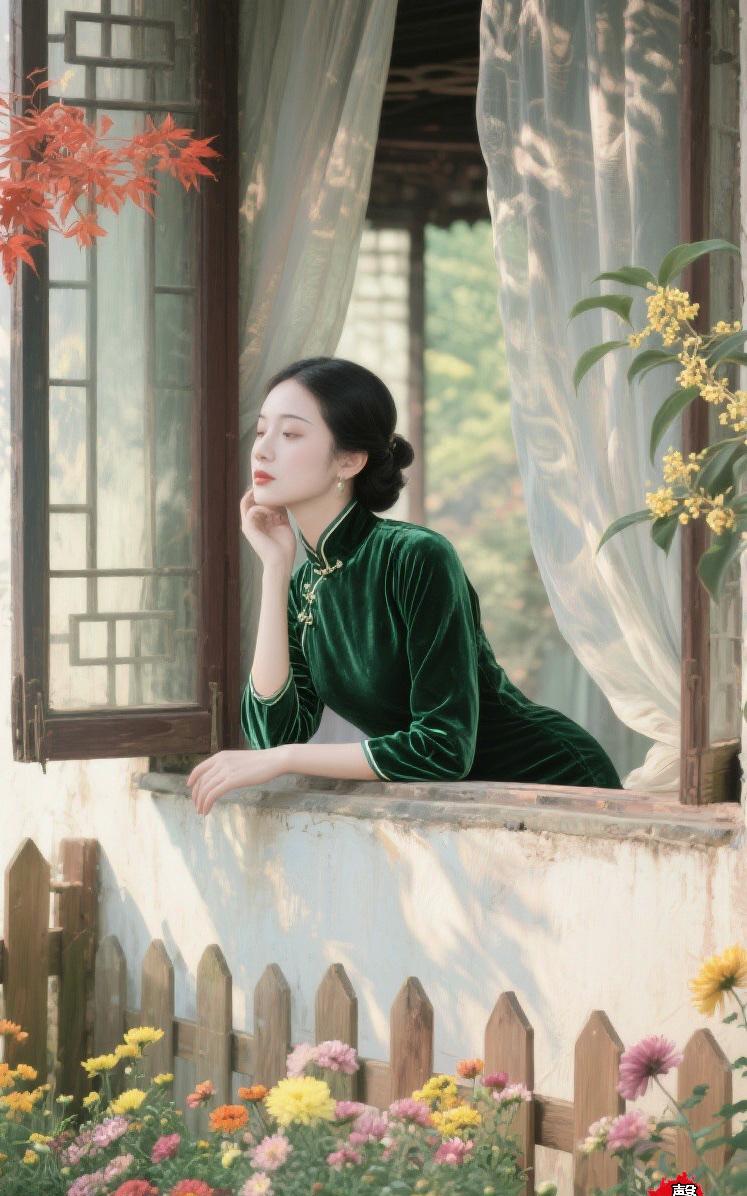疏篱黄花
旧舍窗帷透晚霞，
疏篱错落傍菊花。
风情暗度斜阳醉，
…………请友续尾