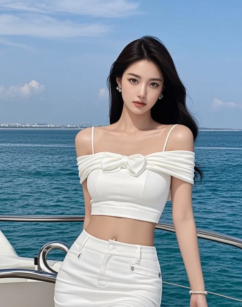 她靠着船舱门，神情安然如画