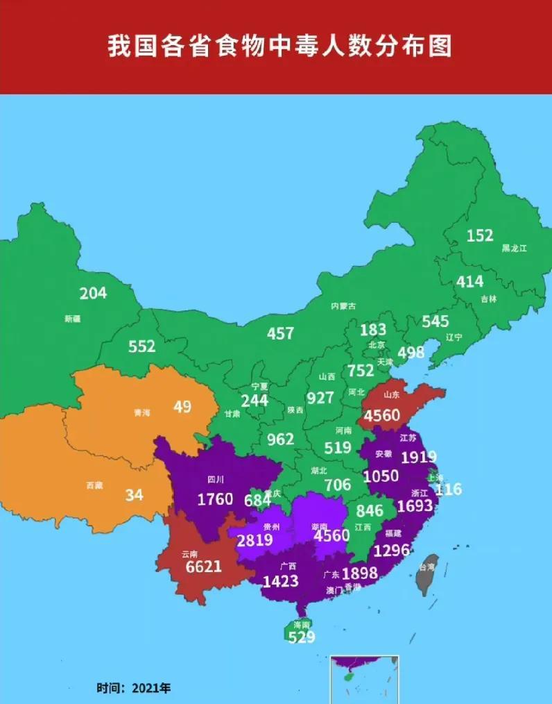 一张中国各省食物中毒人数统计图。
云南一骑绝尘，名列第一一点也不奇怪，毕竟云南是