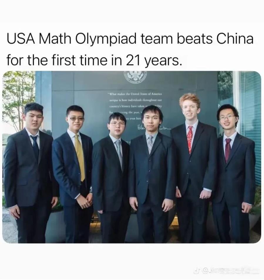 美国篮球上黑人，数学上华人～～～
网友：伪军与正规军在一次小规模战争中惨胜