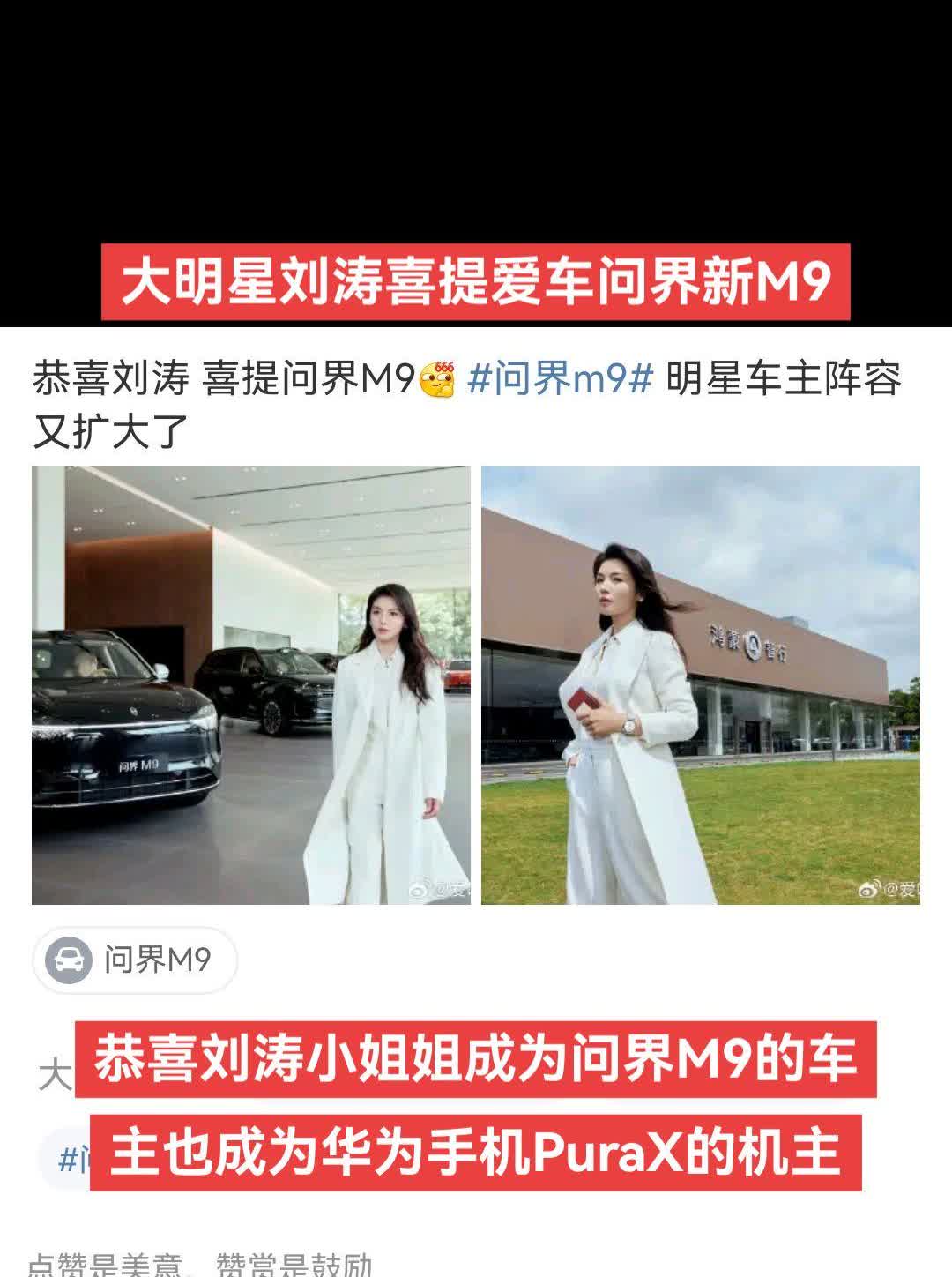 刘涛因成为问界M9车主引发关注。2025年3月30日， 配文"恭喜刘涛喜提问界M
