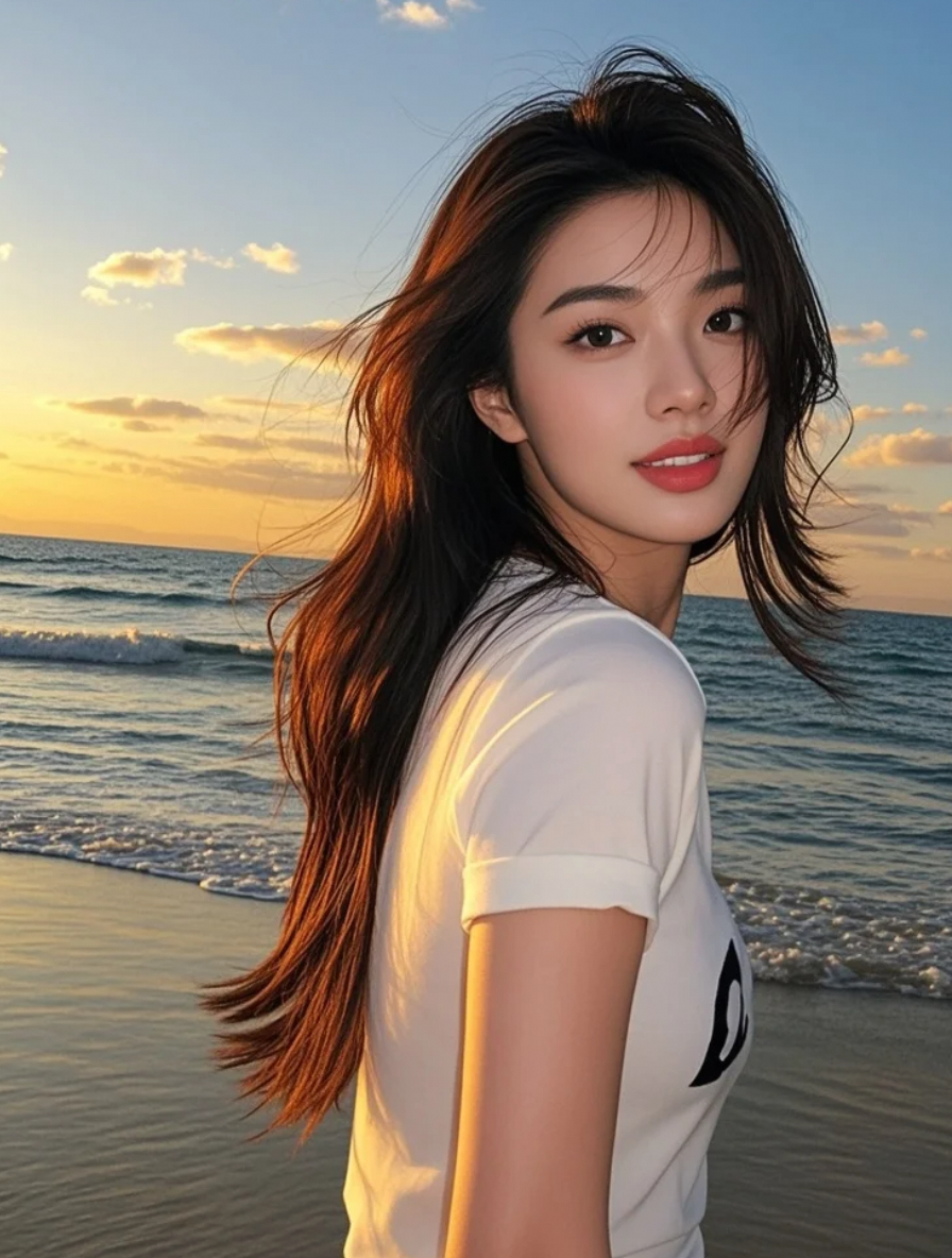 夕阳、沙滩、长发、红唇——完美组合