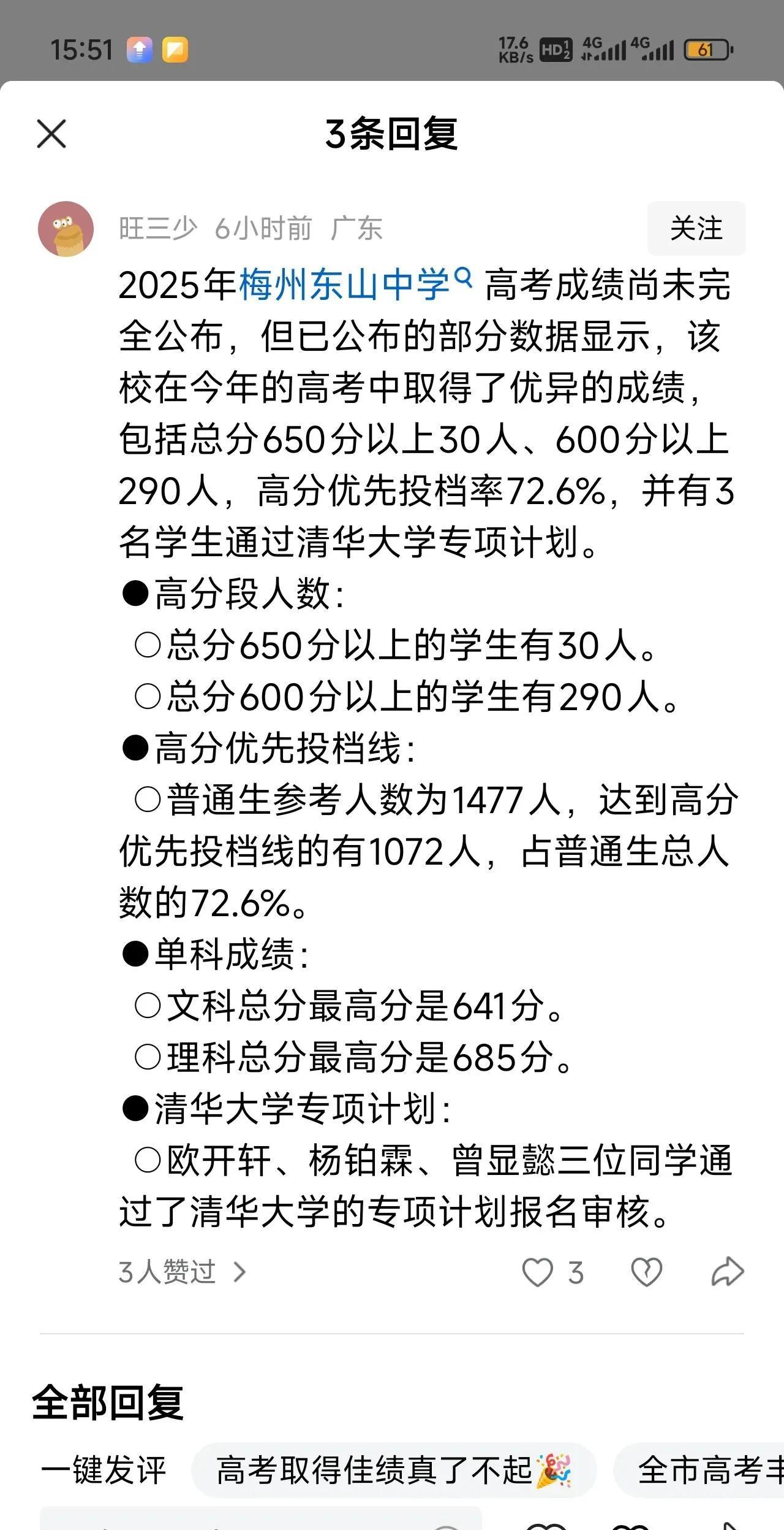 2025年的高考，对于梅县东山中学来说，可谓收获颇丰。600分以上的人数达到了2