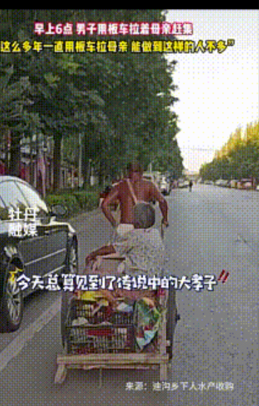 “相依为命具象化了！”早晨不到6点，一男子用板车拉着老母亲来赶集，这么多年他都一