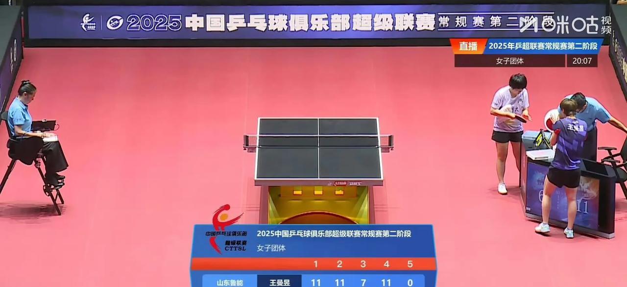 第三盘比赛马上开始！
这是2025乒超联赛第二阶段女团常规赛，目前山东鲁能1-1