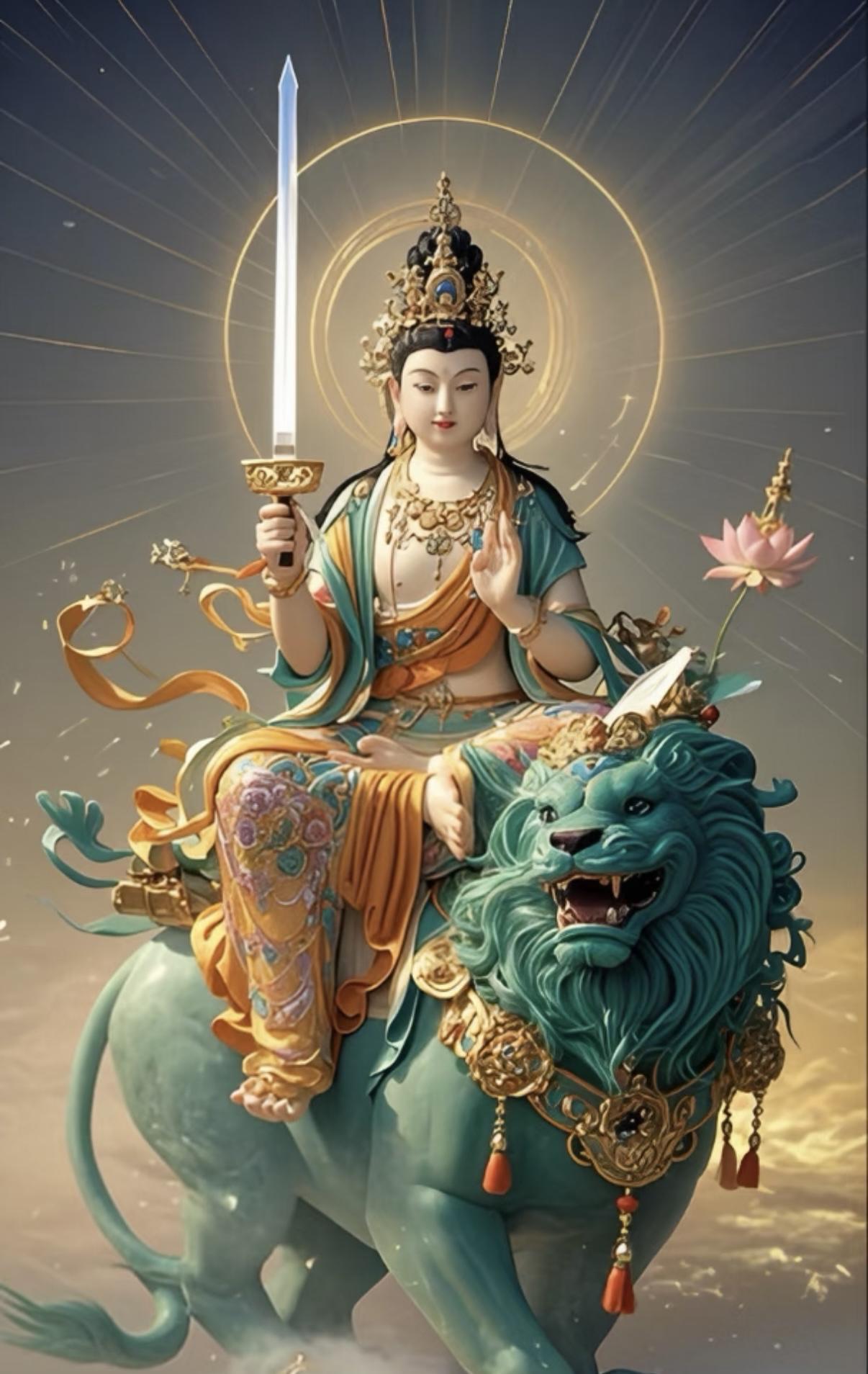 文殊颂
青狮稳坐慧光扬，妙语拈花震法堂。
智慧金剑破无明，般若甘露润八荒。
紫竹
