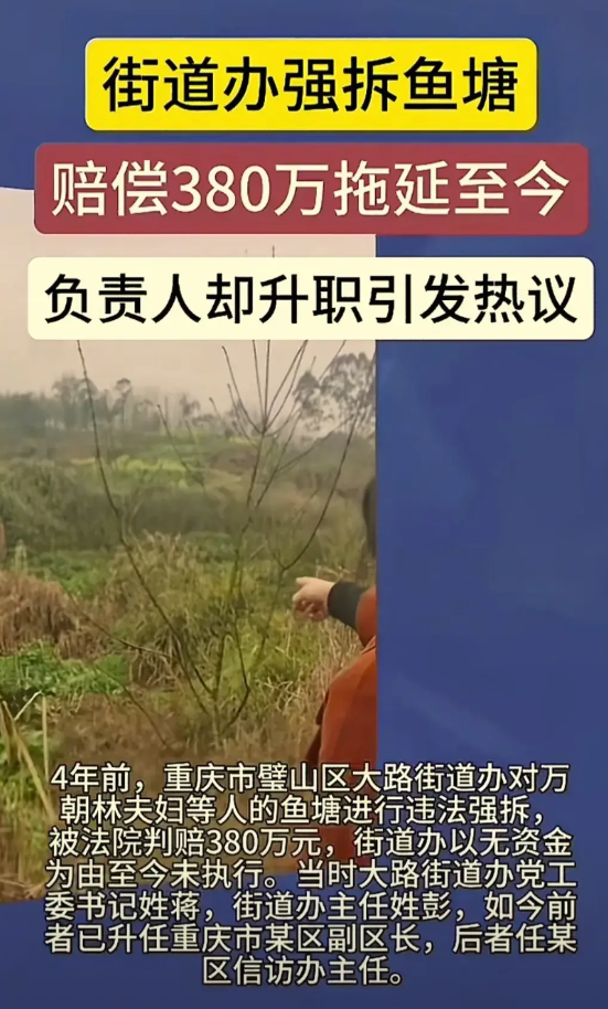 最近重庆某街道负责人在任内发生指使街道人员半夜强拆渔塘的事件闹得沸沸扬扬！

这