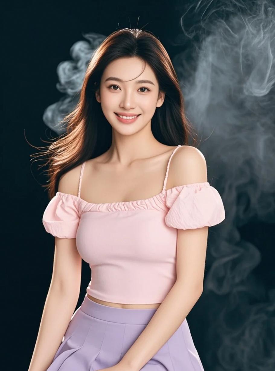 她在镜头前轻轻一笑，是克制的浪漫
