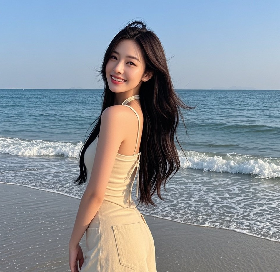 温婉少妇与海相依，回眸瞬间温柔似水
