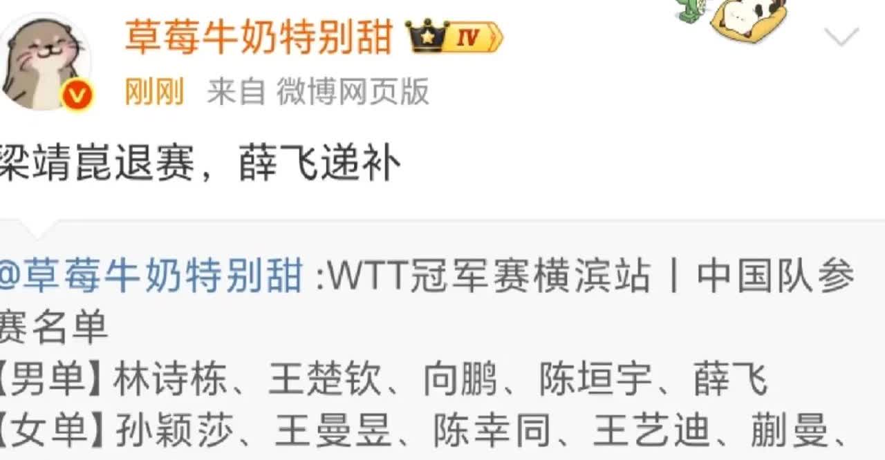 梁靖崑这一站退赛，薛飞替补，看来腰伤很严重啊，该退就退，强行上也出不了成绩，还不