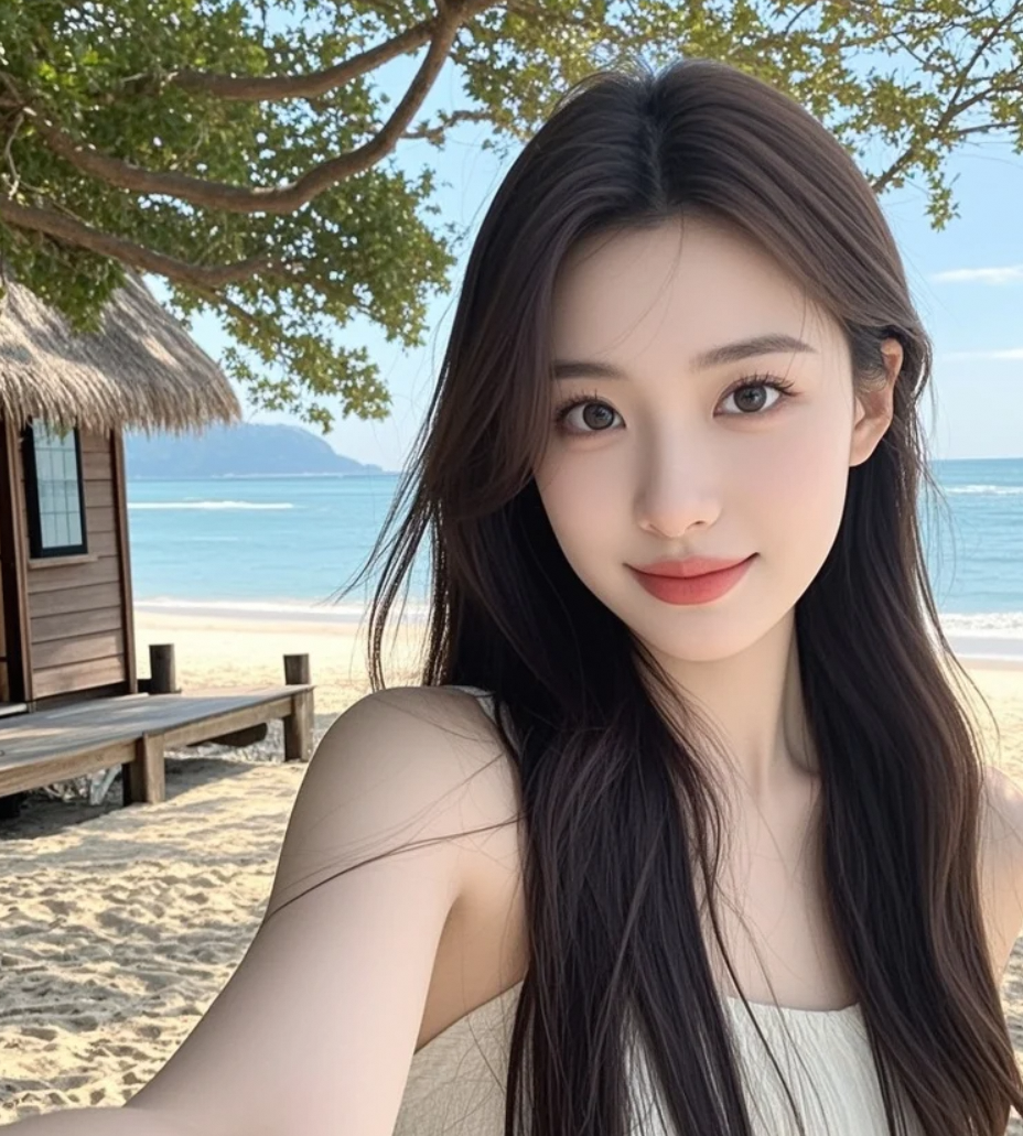 白裙飘飘，海景美人等你评。