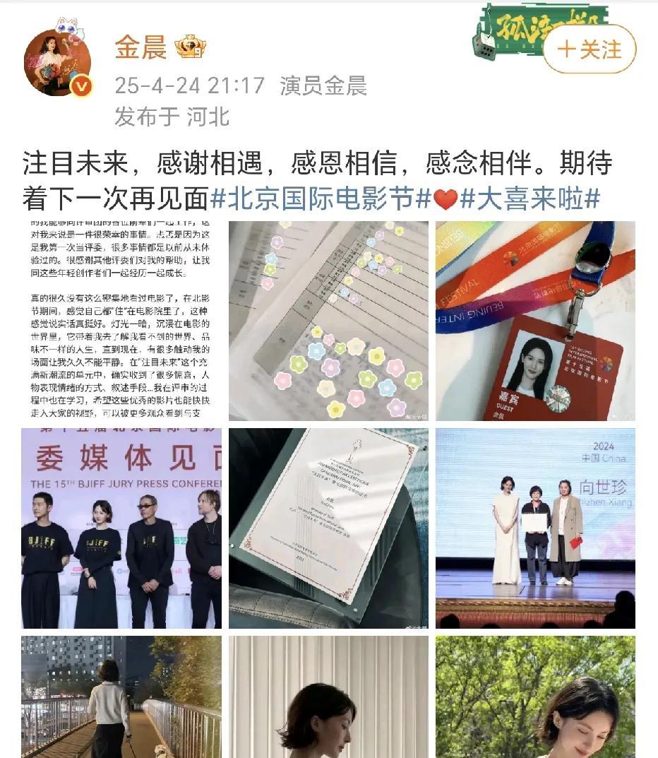 金晨担任评委！
4月24日，金晨在社交平台晒出了一张证书，她担任第十五届北京国际