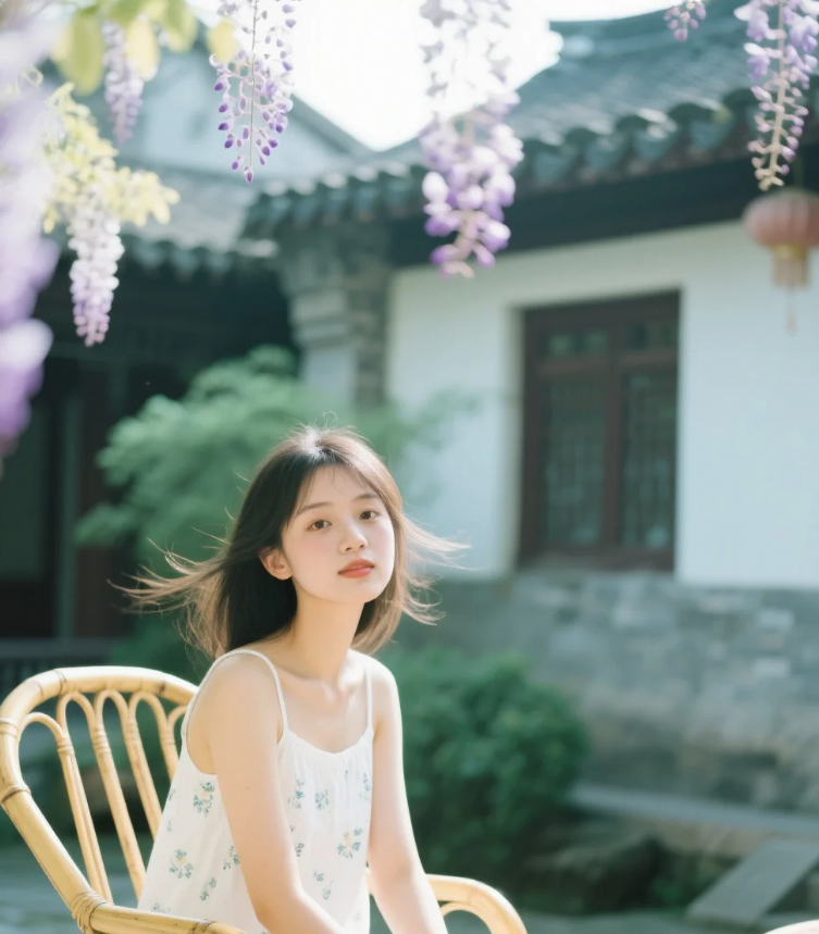 当蝉鸣撞见紫藤雨，少女在藤椅上摇晃整个夏天
