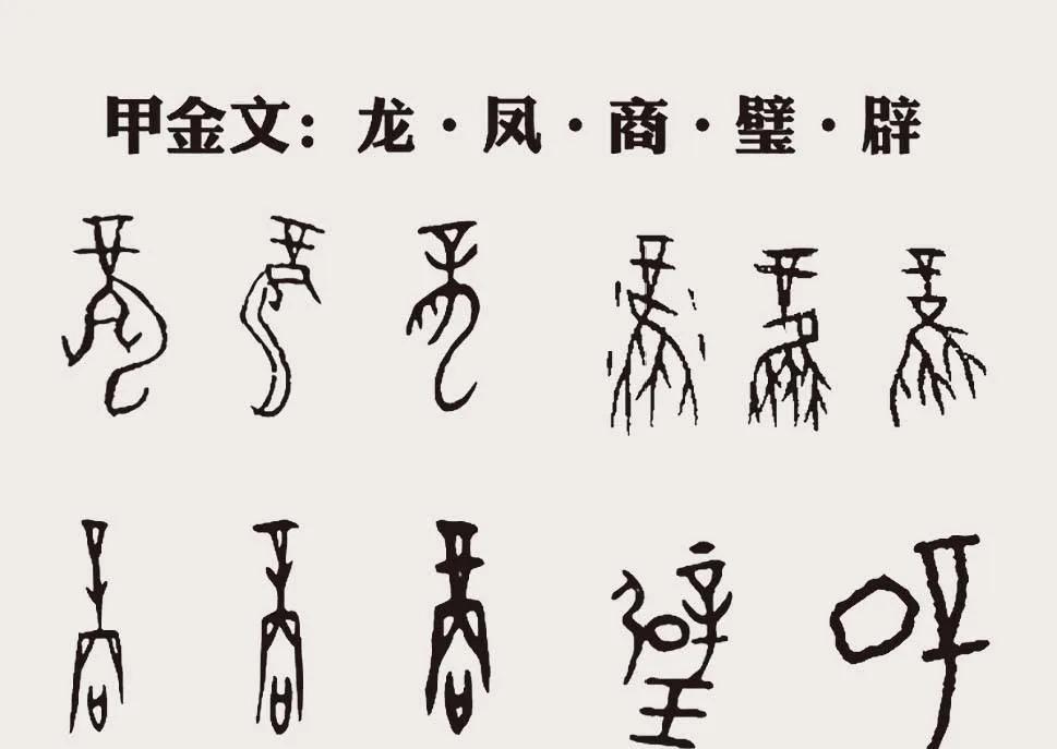 甲金文五字：龙、凤、商、璧、辟，皆含“辛”，玉器符号。