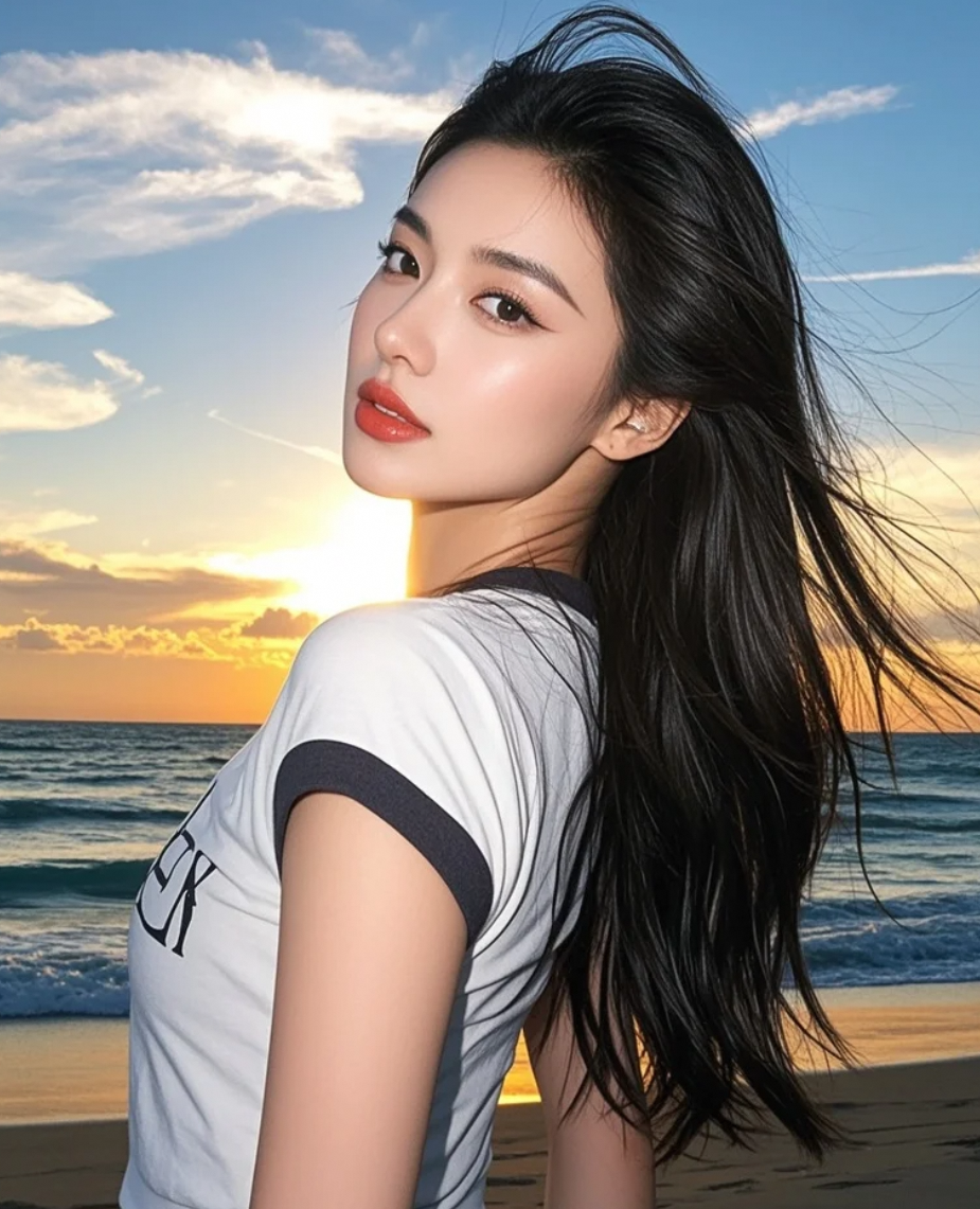 云朵为她驻足，她唇色明艳，T恤休闲中透出不容忽视的精致感