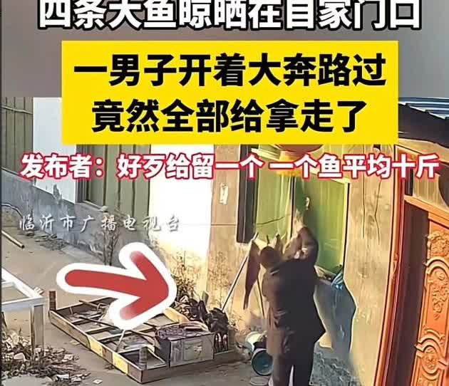 “丢人丢大了！”男子开大奔路过一户人家，看到门口晒了四条大鱼，顺手牵羊将这几条大
