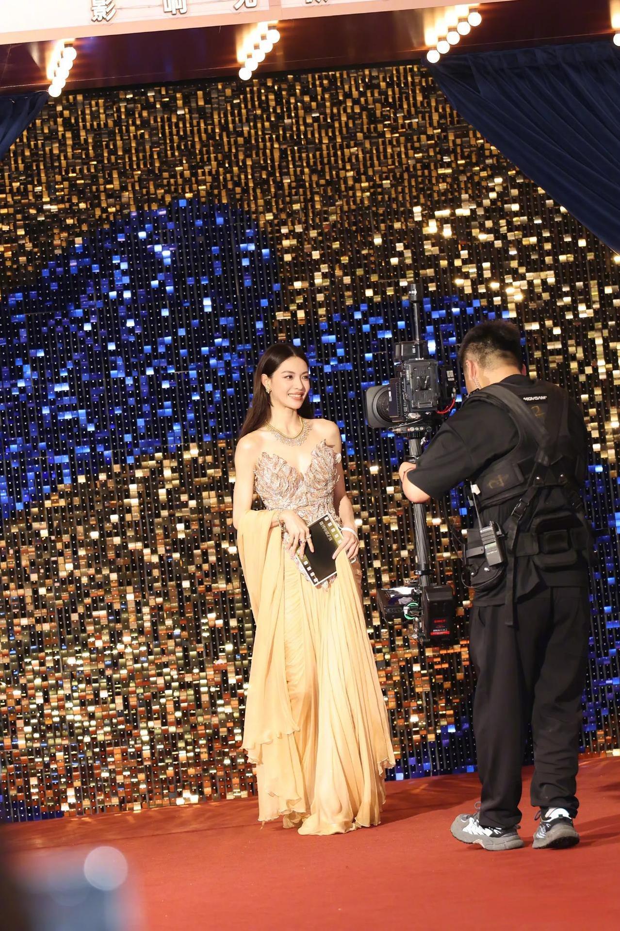 裙上闪钻像把银河穿身上，勾勒曼妙曲线，优雅又闪耀，稳稳拿捏红毯氛围感，美美的超安