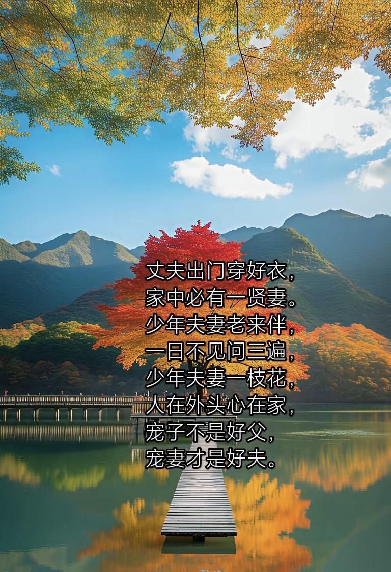 丈夫出门穿好衣，家中必有一贤妻。
少年夫妻老来伴，一日不见问三遍，
少年夫妻一枝