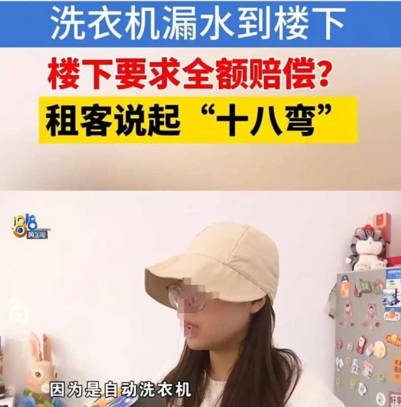 杭州，女子花2900元租了套房子。结果洗衣机漏水到楼下，楼下住户要求她赔偿250