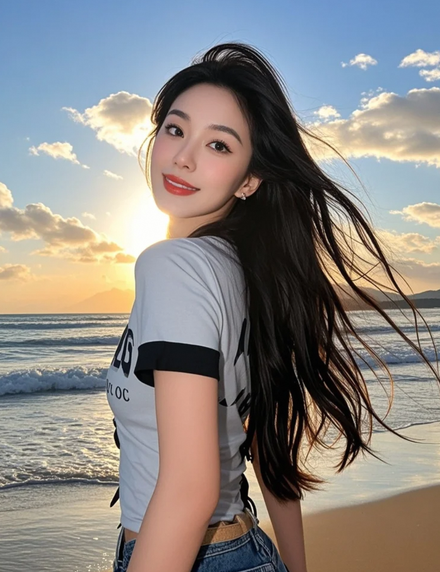 她与晚霞同框，长发飘扬，T恤休闲装束也掩不住那与生俱来的巨星气场