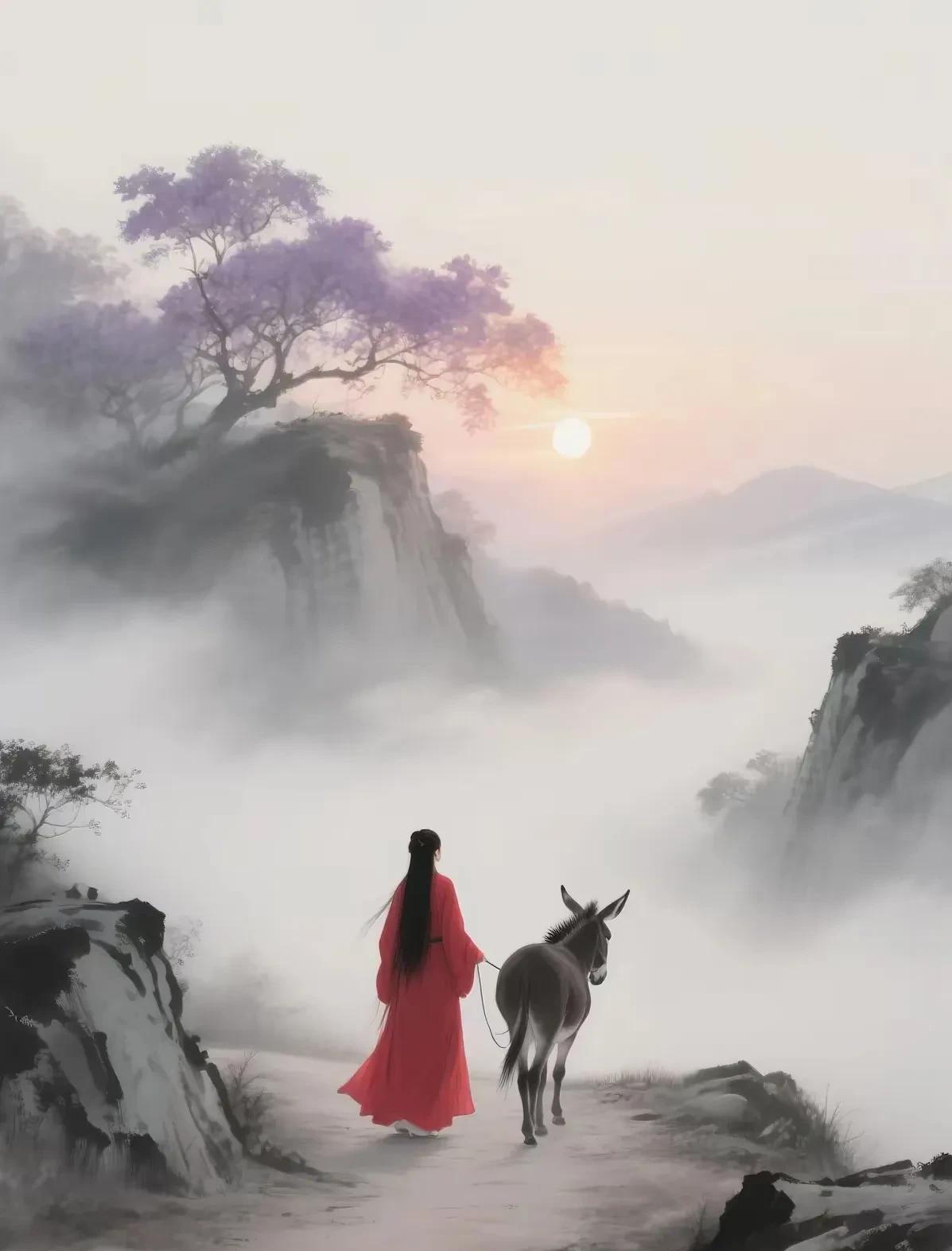 夕阳缓缓归去，青山依旧默默徘徊。



暮色笼罩下，她伫立山巅，凝视着远方逐渐暗