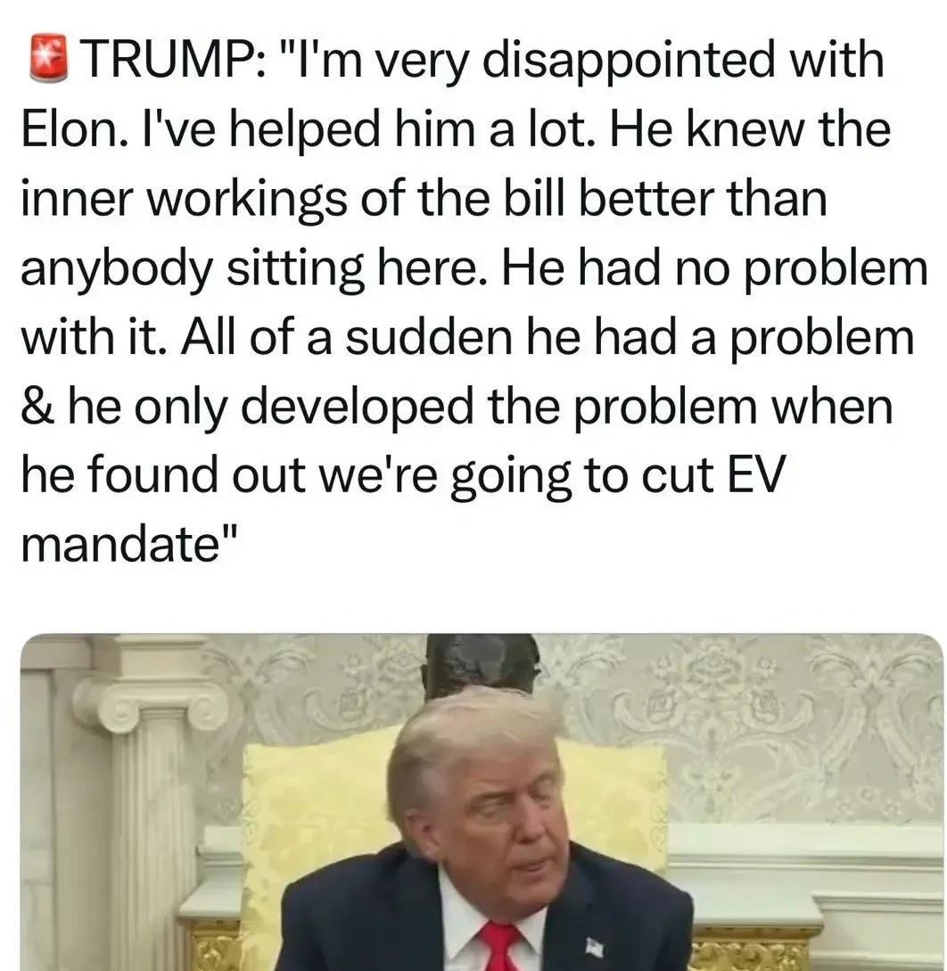 Trump在白宫：我对Elon很失望，我帮了他很多，他对这个法案的情况很熟，以前