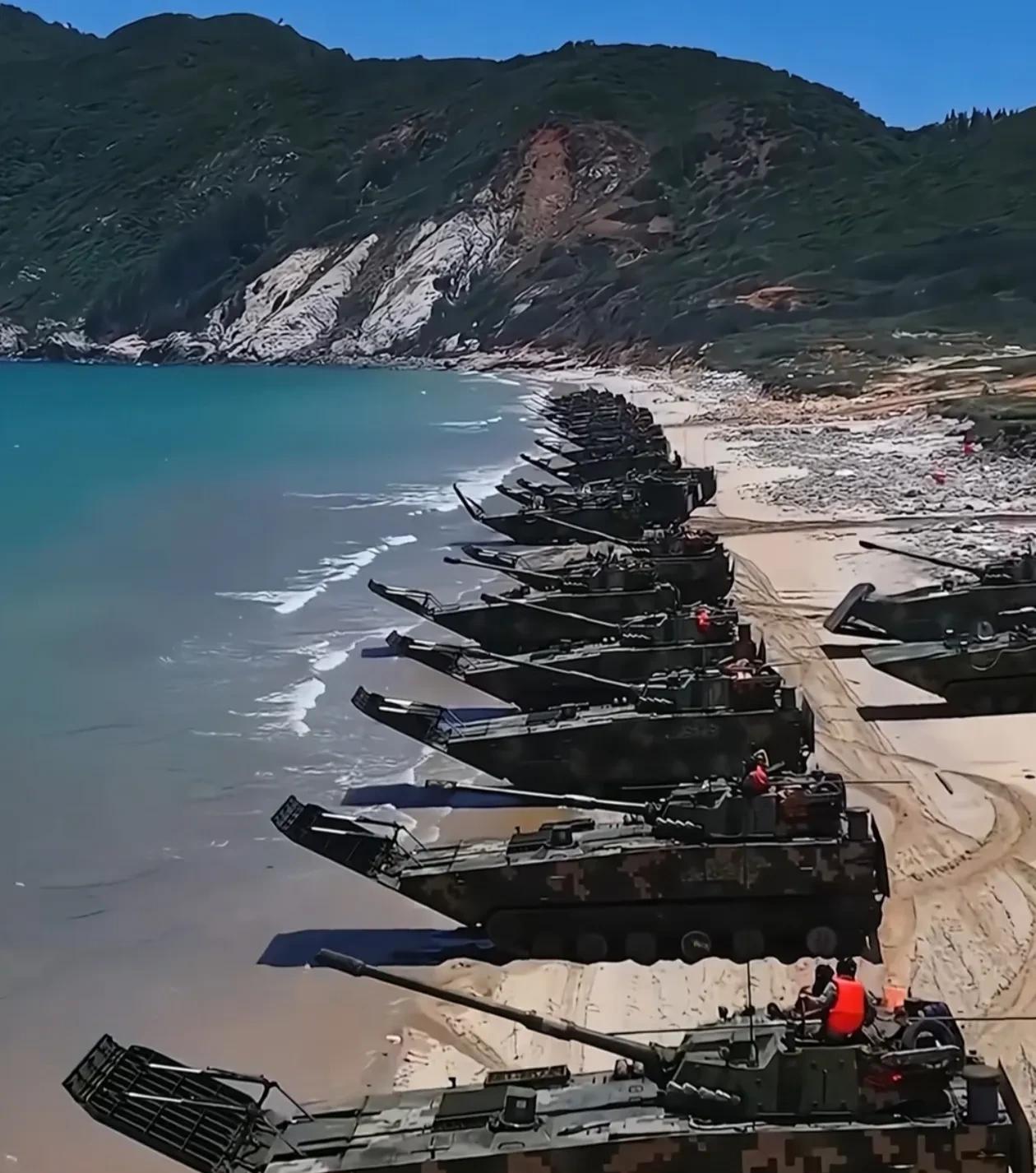 一个加强连正在滩头苦练杀敌本领，这些两栖战车具体型号大家基本上都知道，是一种效率