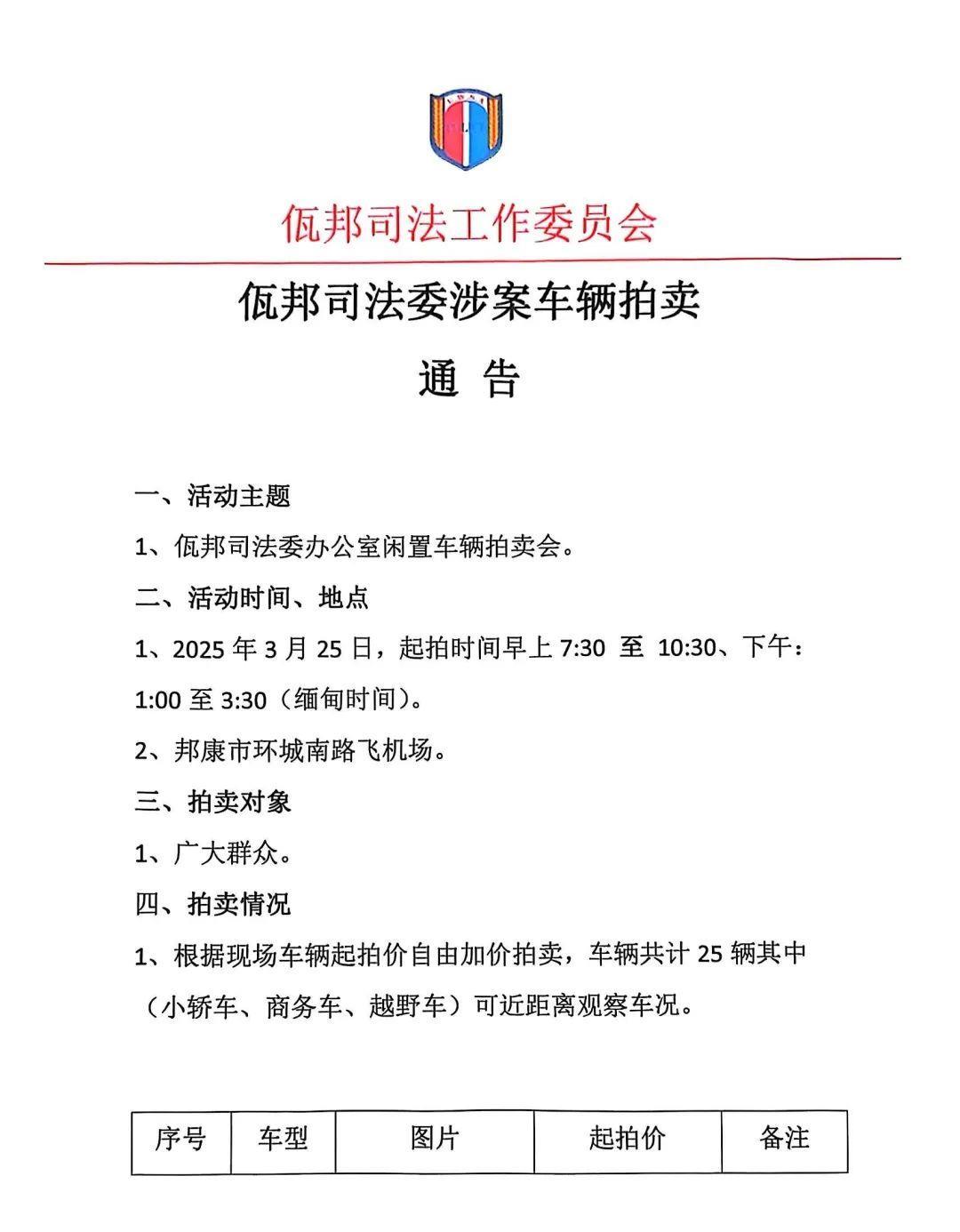 佤邦在3月25日要举办拍卖车辆大会，看中的就买走，价格不高！佤邦要拍卖的车辆，来